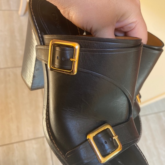 Chloé Chunky Heel Gold Buckle Calf Skin Mule - Picture 2 of 6